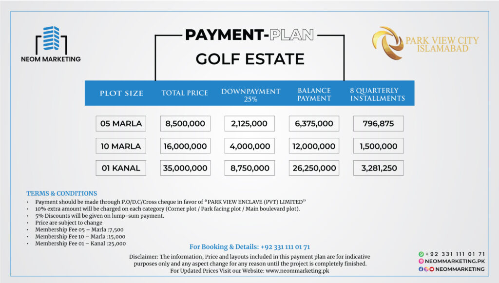 Park View City Islamabad payment plan