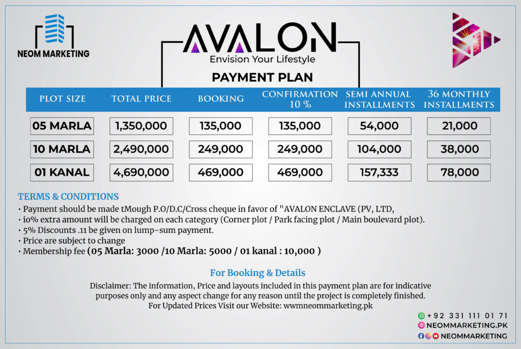 Avalon City Islamabad Payment Plan